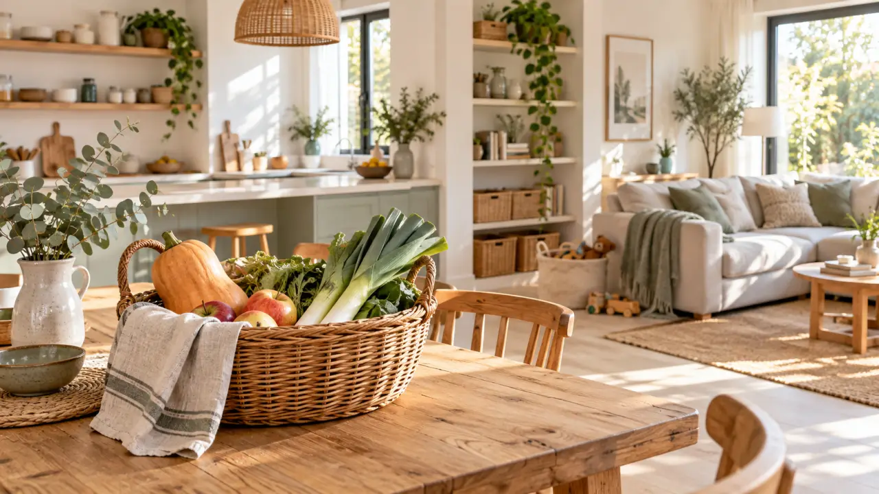 Panier en fibres naturelles posé dans un intérieur familial lumineux et apaisant