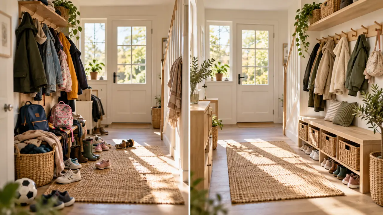 Vestiaire familial organisé avec patères en bois, banc et paniers de rangement
