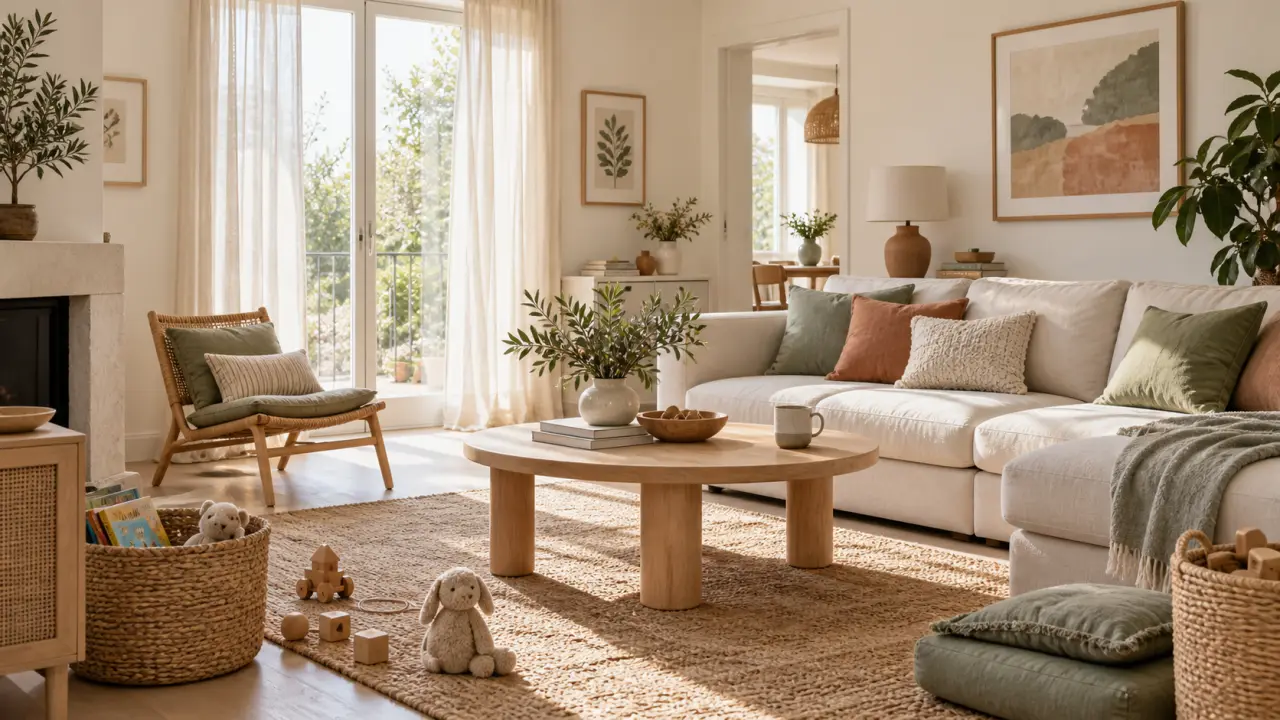 Un salon familial apaisant, lumineux et ordonné avec des touches de bois et de plantes