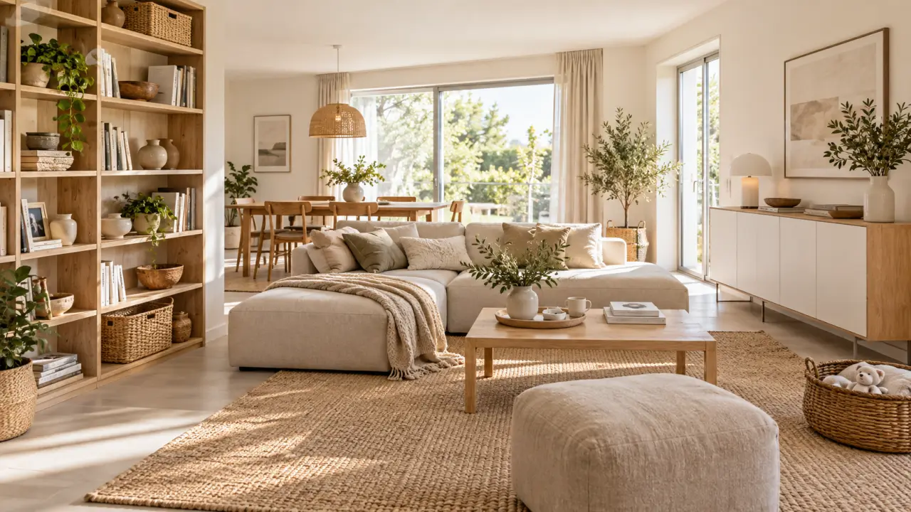Intérieur familial lumineux avec rangements ouverts et fermés en bois clair